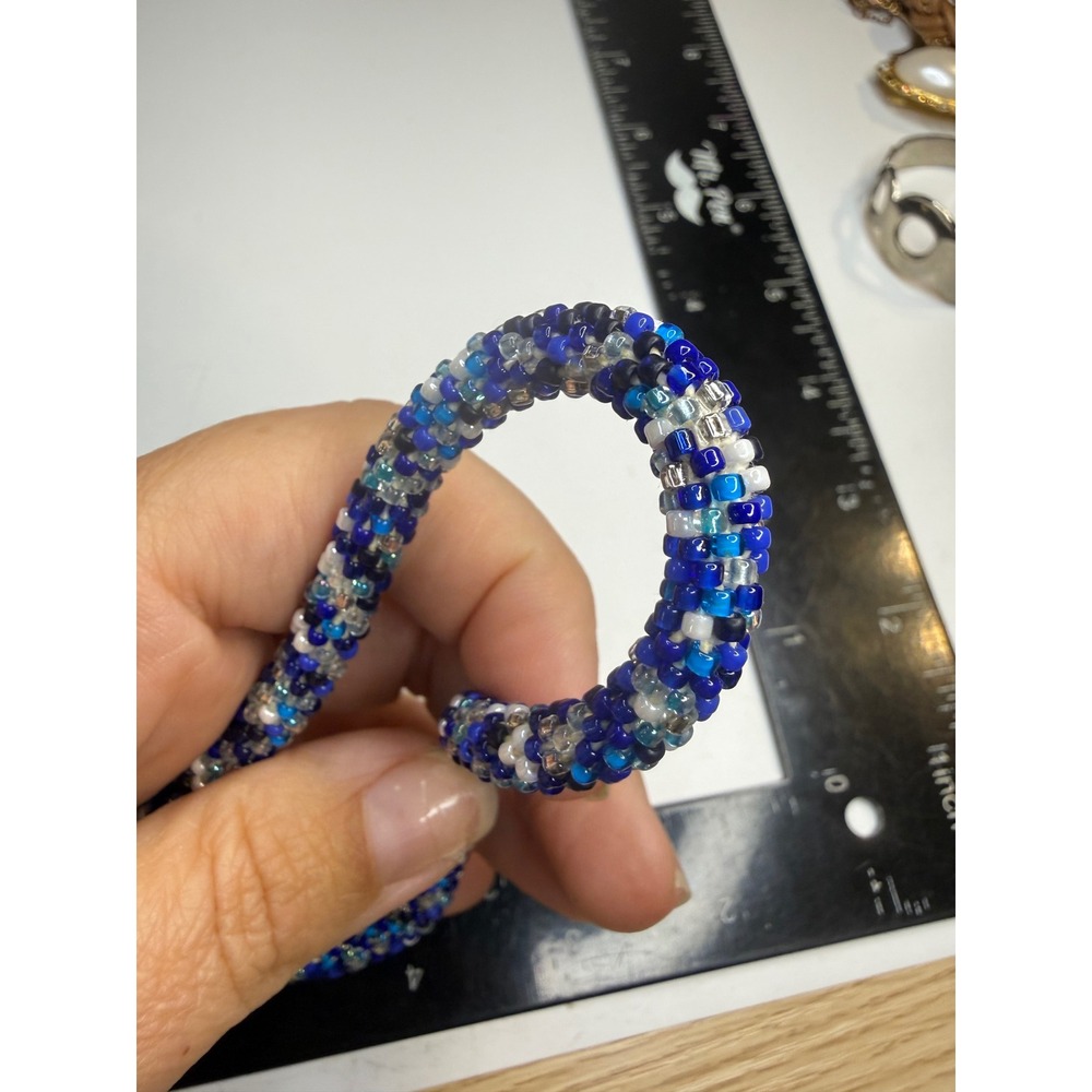 Blue White Silver Seed Bead Rope Roll On Bracelet Handcrafted Boho Jewelry